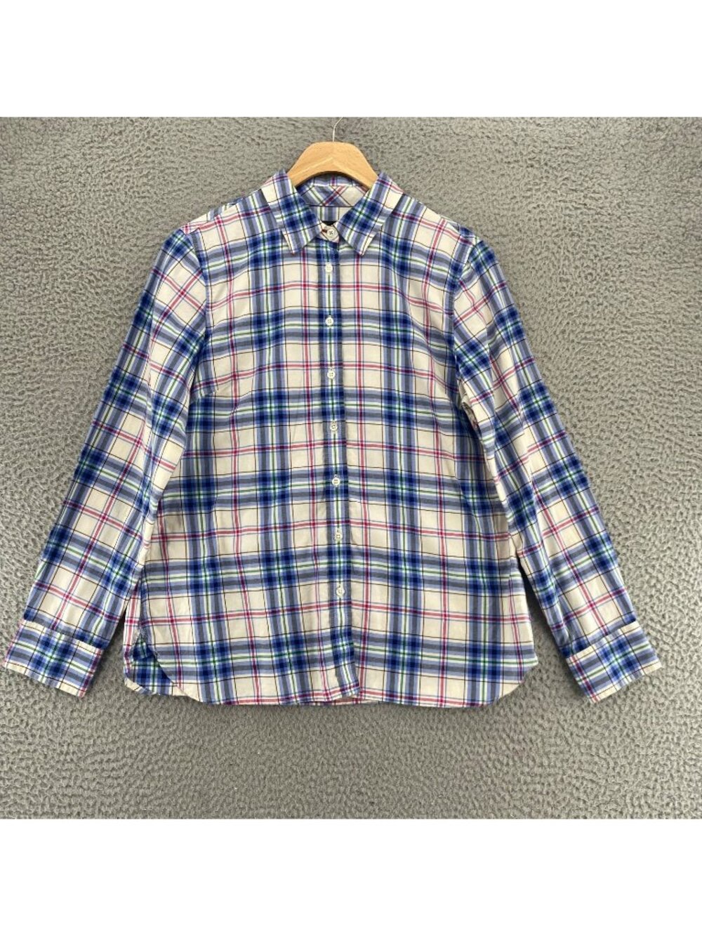 Talbots Shirt Womens Small Petite Blue Multi Plaid Shimmer Button Up Collared